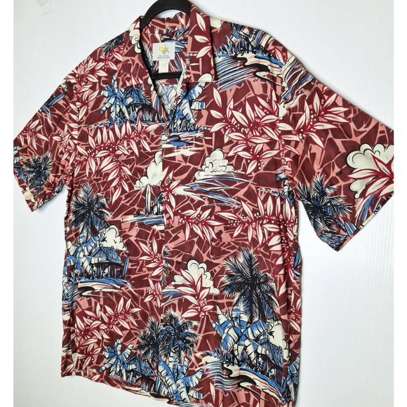 Ho Aloha Mens Hawaiian Shirt Rayon Large Surfboard House Palm Tree Burgundy Blue - Picture 2 of 5